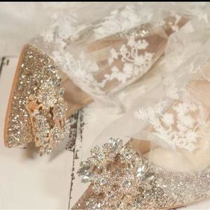 Designer inspired golden glitter buckle heel